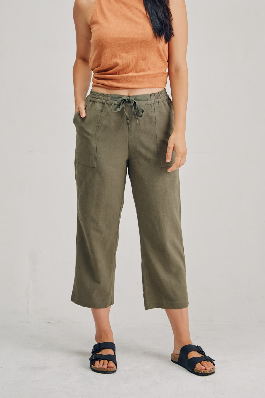 Ladies’ Hemp Cotton 7/8 Elastic Waist Pants | Khaki - HempStitch.