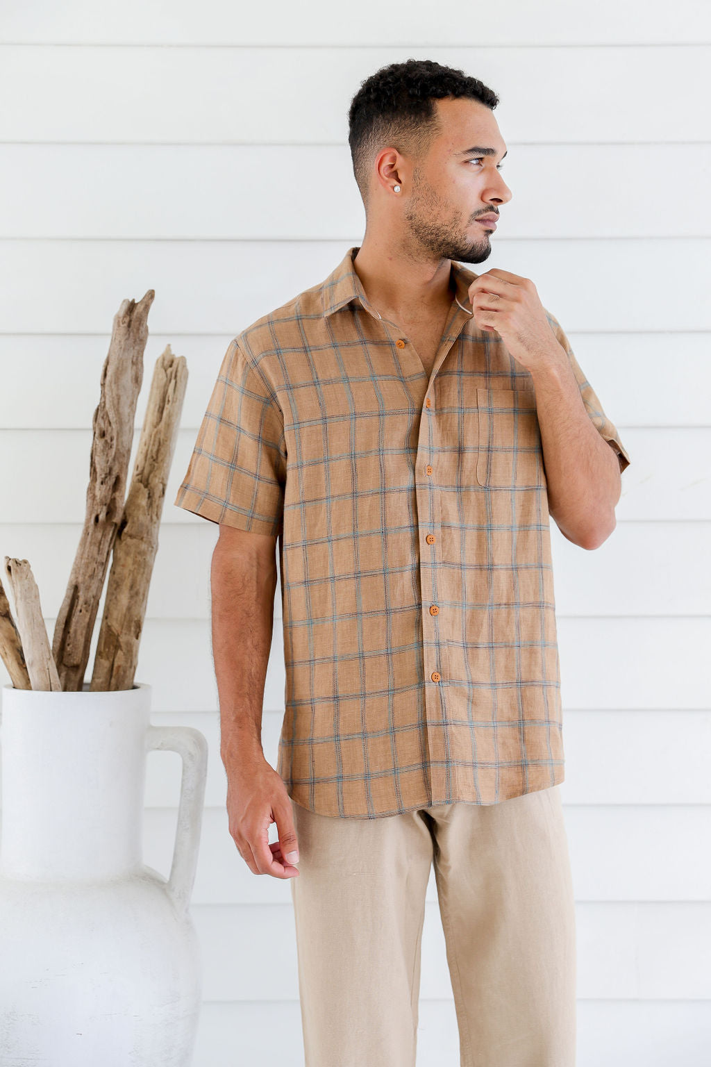 Pure Hemp Plaid Short Sleeve Shirt | Toffee | Mens - HempStitch.