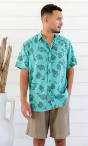 Hemp Bamboo Floral Short Sleeve Shirt | Blue | Men - HempStitch.
