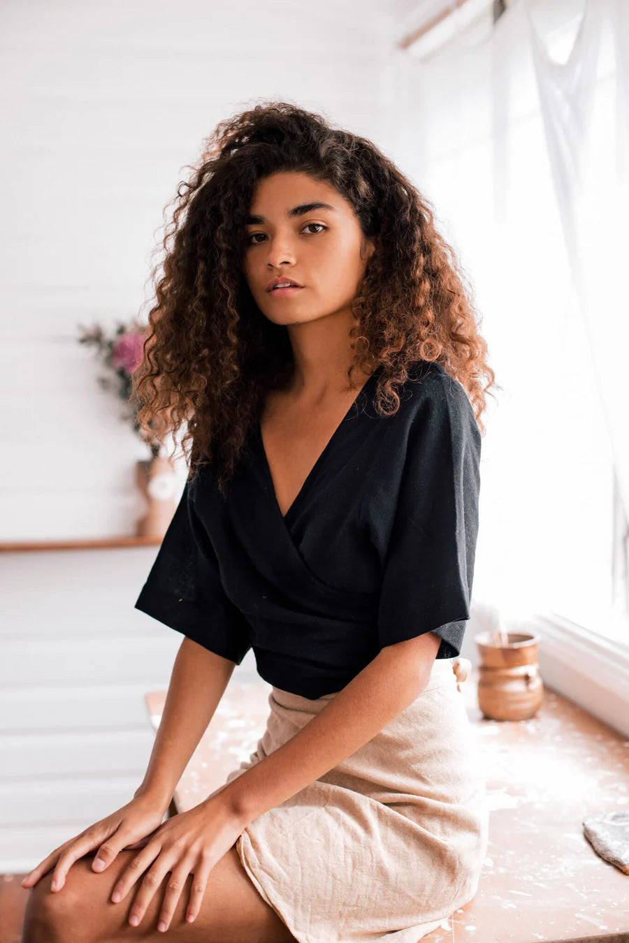 Maya | Short sleeved wrap top | Black | Women - HempStitch.